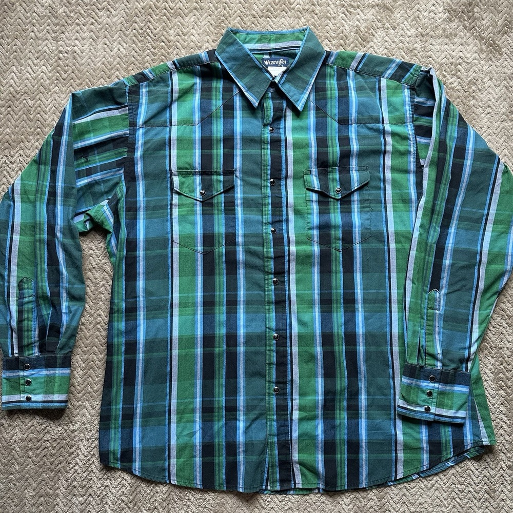 Wrangler Shirt Mens Green Blue Plaid Flannel Western Pearl Snap X-Large